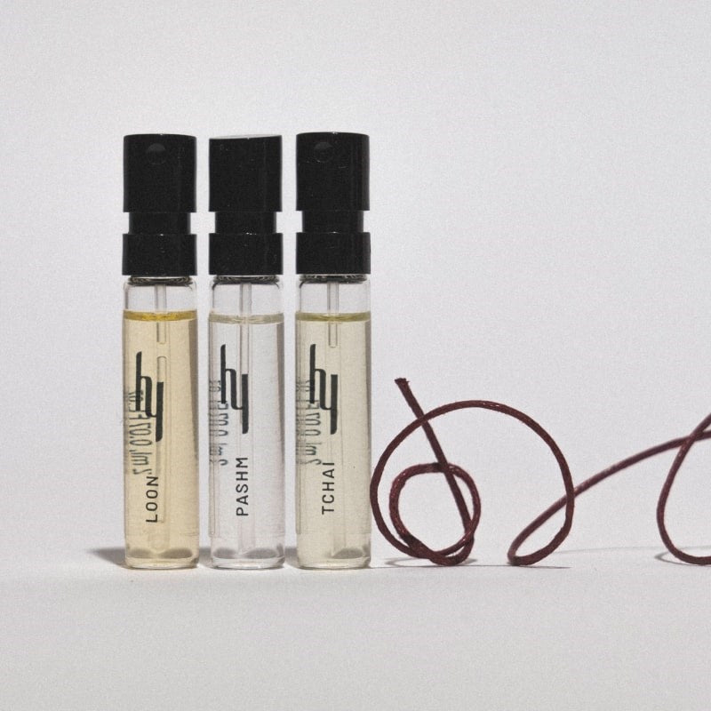 Hima Jomo Discovery set - Treasures collection Eaux de Parfum - products shown lined up next to tring