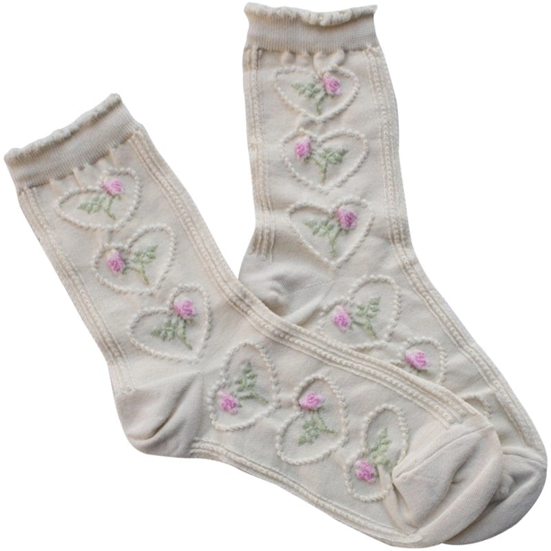 Tiepology Women’s Vintage Rose & Heart Casual Socks – Cream (1 pair)