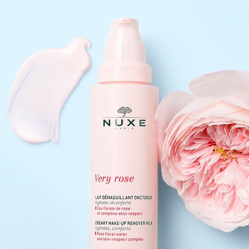 Nuxe Very Rose Make-up Remover Milk - product shown next to swatch and rose