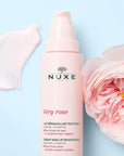 Nuxe Very Rose Make-up Remover Milk - product shown next to swatch and rose