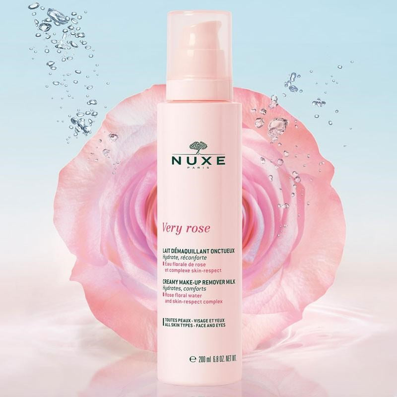 Nuxe Very Rose Make-up Remover Milk - product shown in front of rose with water splashing