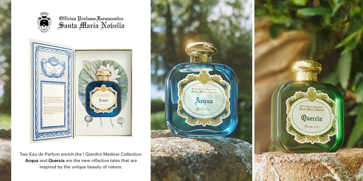 Santa Maria Novella. Two Eau de Parfum enrich the I Giardini Medicei Collection. Acqua and Quercia are the new olfactive tales that are inspired by the unique beauty of nature.