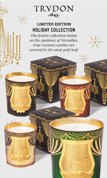 Trudon Limited Edition Holiday Collection. The festive collection builds on the opulence of Versailles. Four scented candles are covered in 24-carat gold leaf.